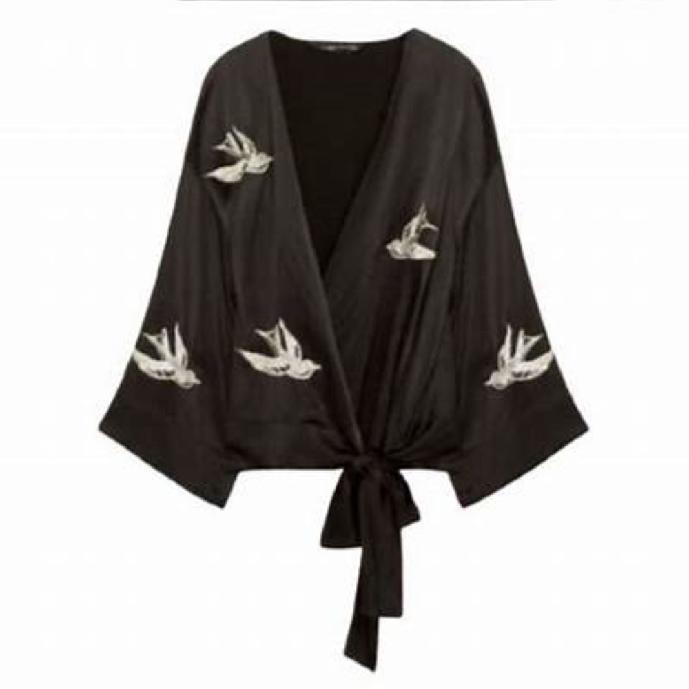 ZARA Bird Embroidery Kimono Wrap Blouse